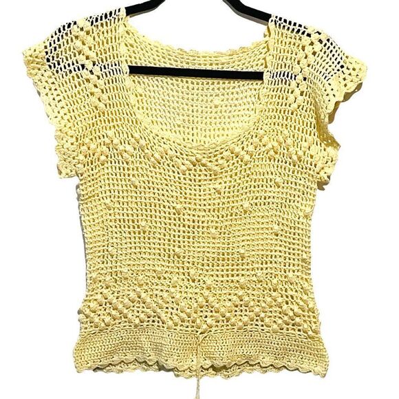 HANDMADE Hand Crafted Crochet Pale Yellow Hand Knitted Y2K Short Sleeve Top - Picture 3 of 10
